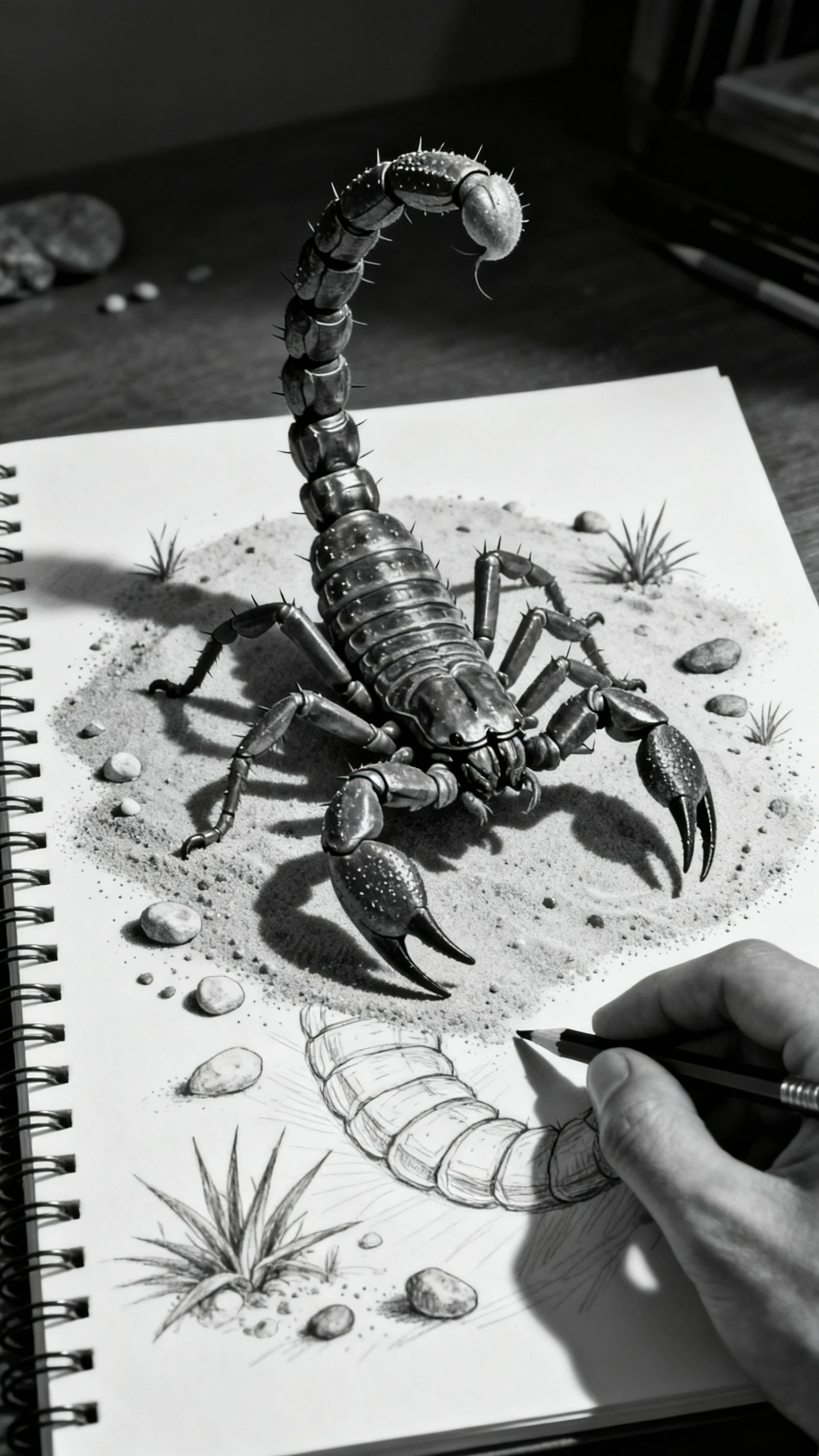 A Desert Scorpion Crawls From a Graphite Sketchbook Into Three Dimensions