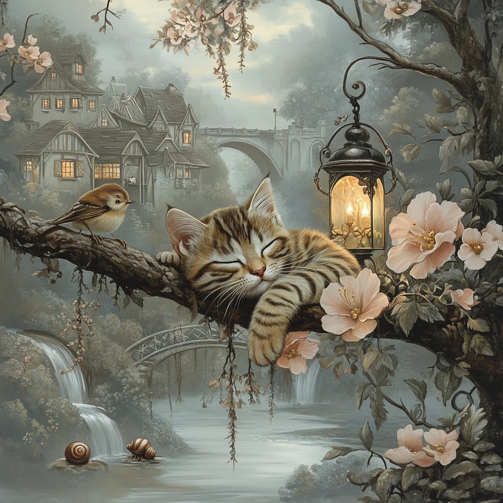 Un gato atigrado duerme bajo un farol luminoso sobre una rama en flor