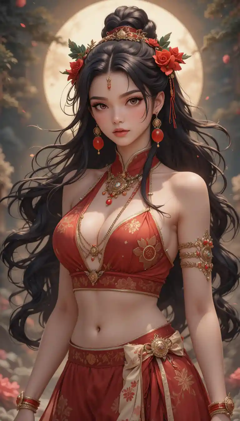 A Young Woman with Panda Ears in Traditional Red and Cream Attire