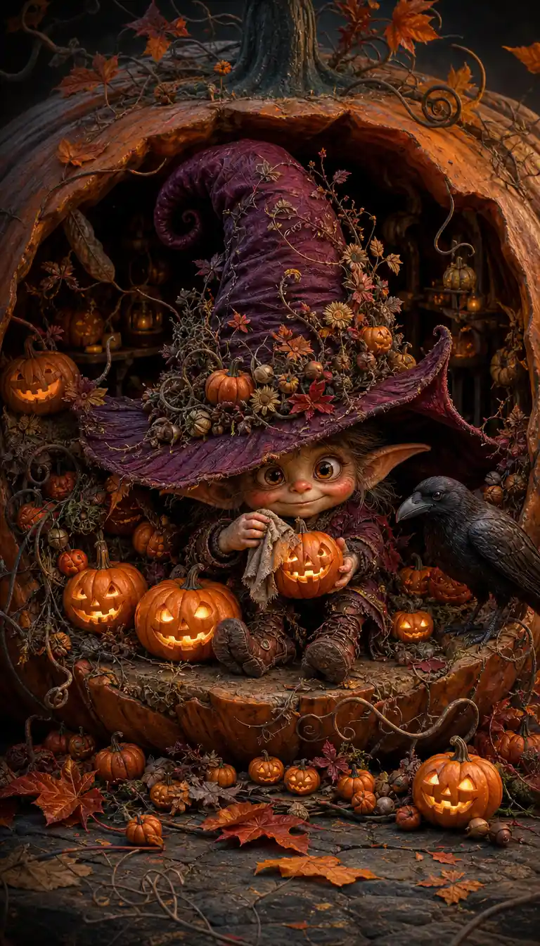 An autumn goblin polishes glowing jack-o'-lanterns inside a hollow pumpkin