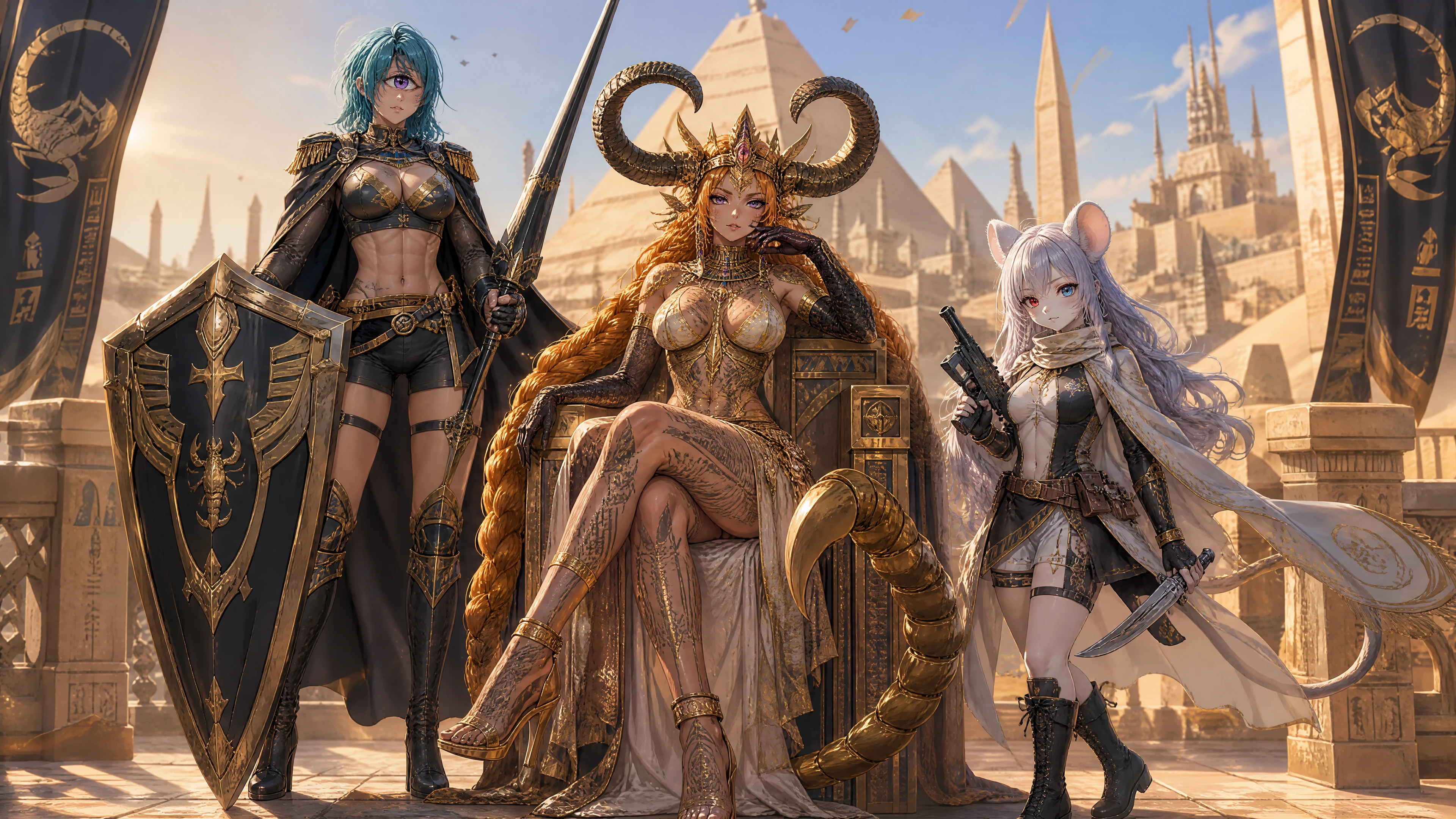 A horned Egyptian queen with golden braids and a scorpion tail