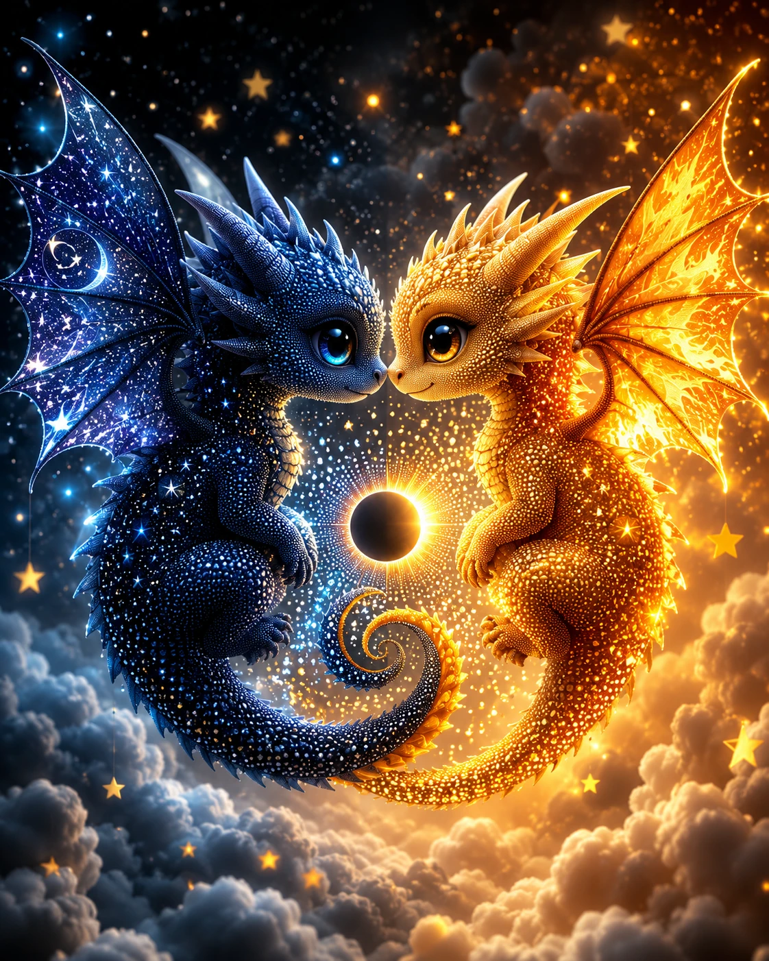 Two baby dragons meet nose to nose beneath a tiny eclipse
