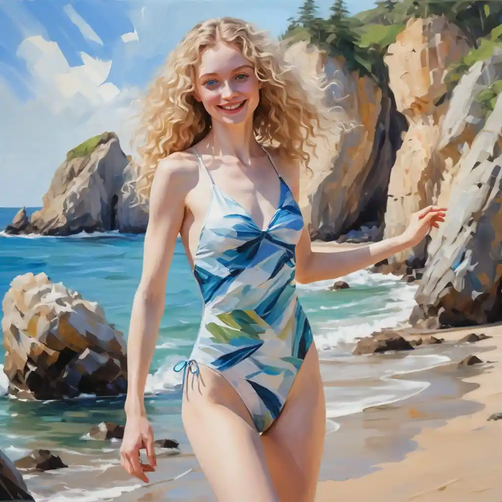A blonde woman dancing along a rocky wild beach