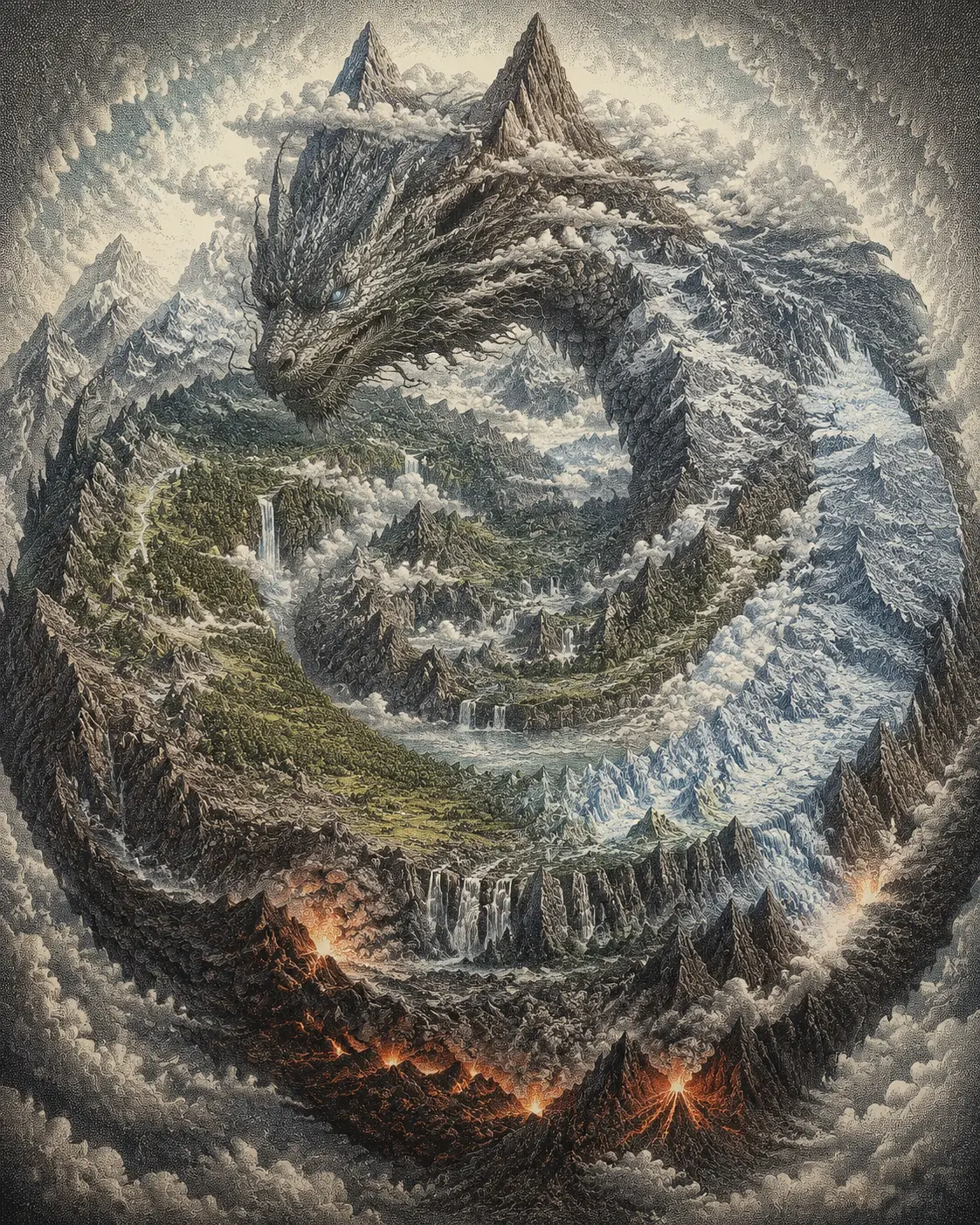 A Mythic Dragon Forms a Vast Mountain Landscape in a Circular Composition