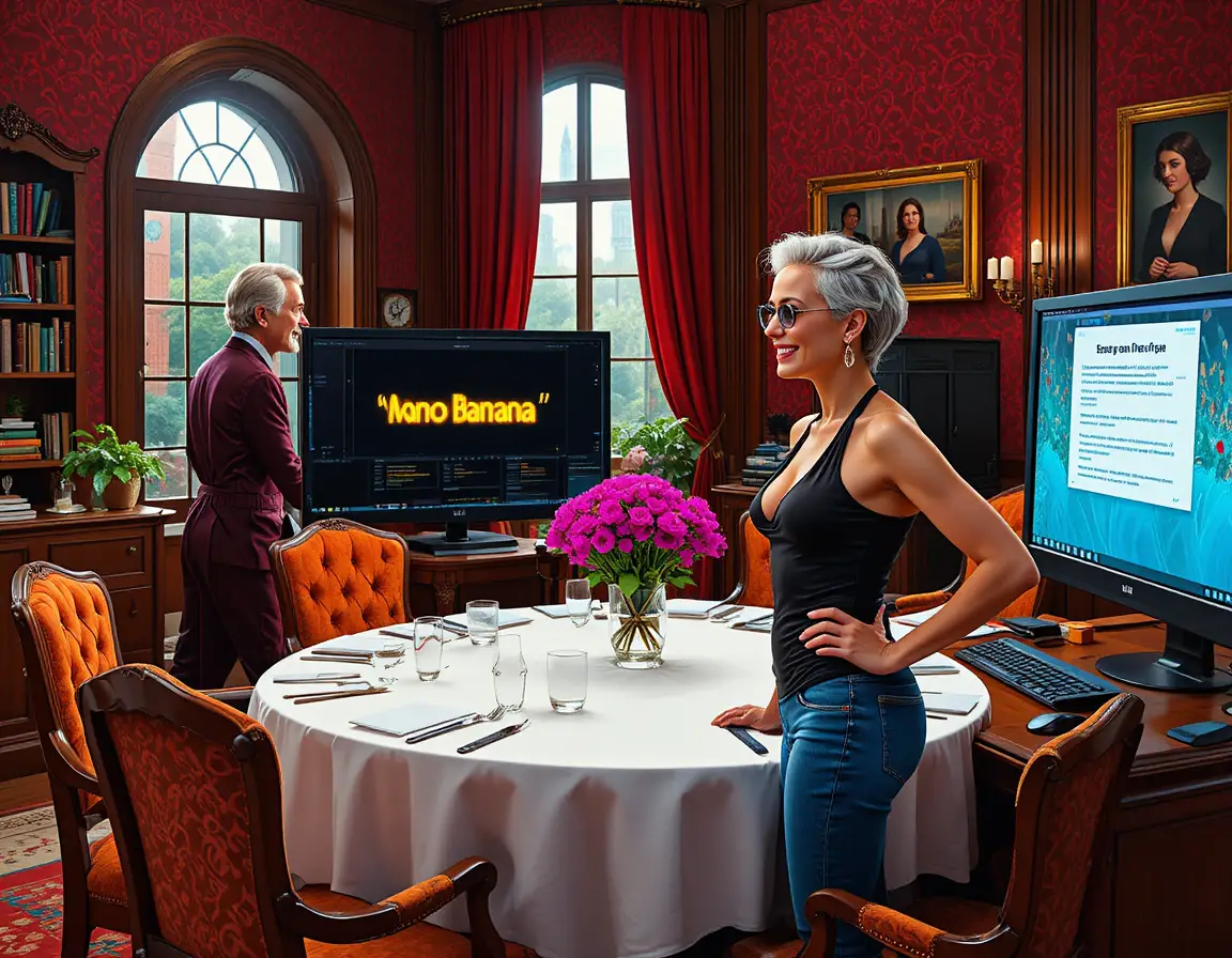 Two women share a warm moment in an ornate dining room