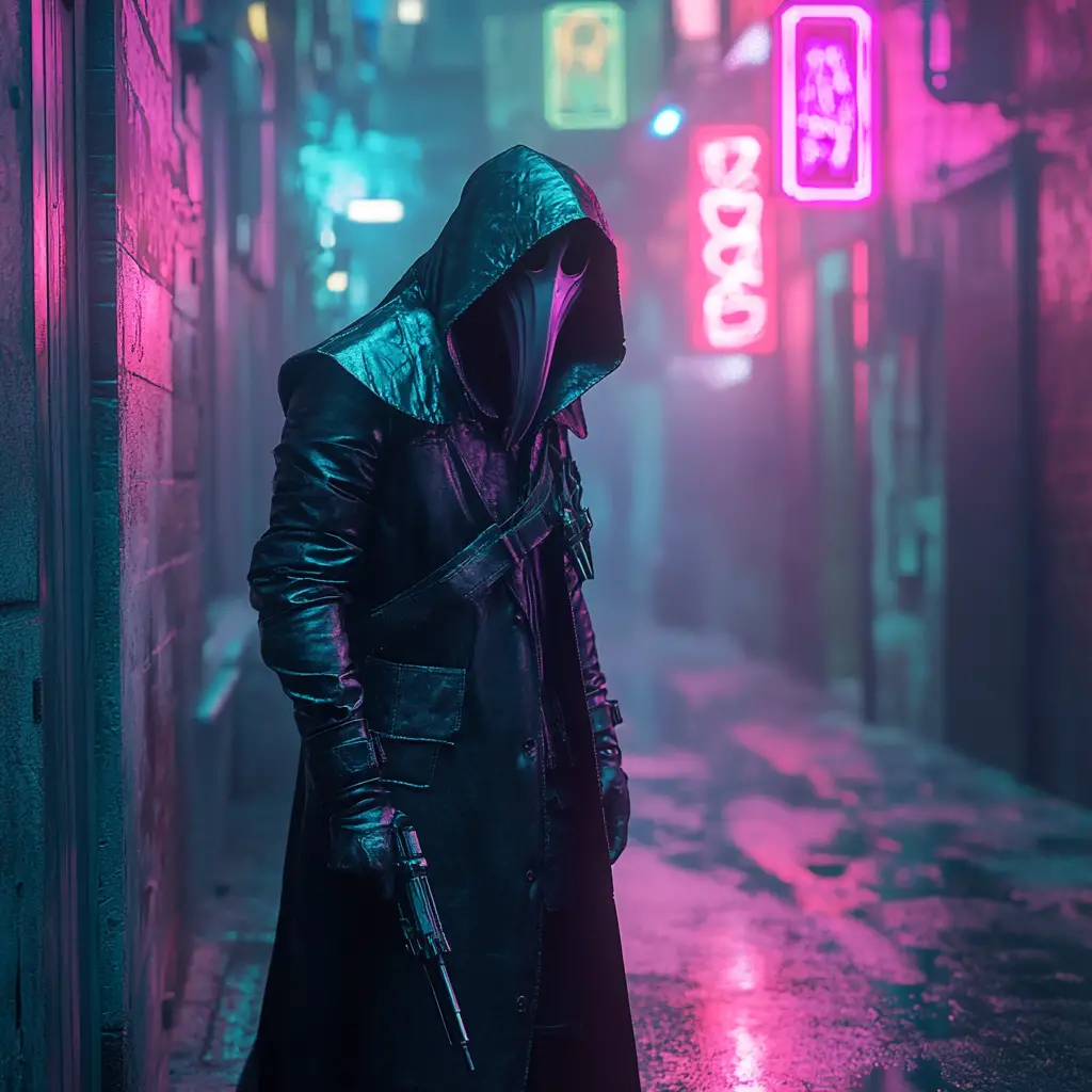 夜晚，瘟疫醫生佇立在霓虹閃爍的巷弄中