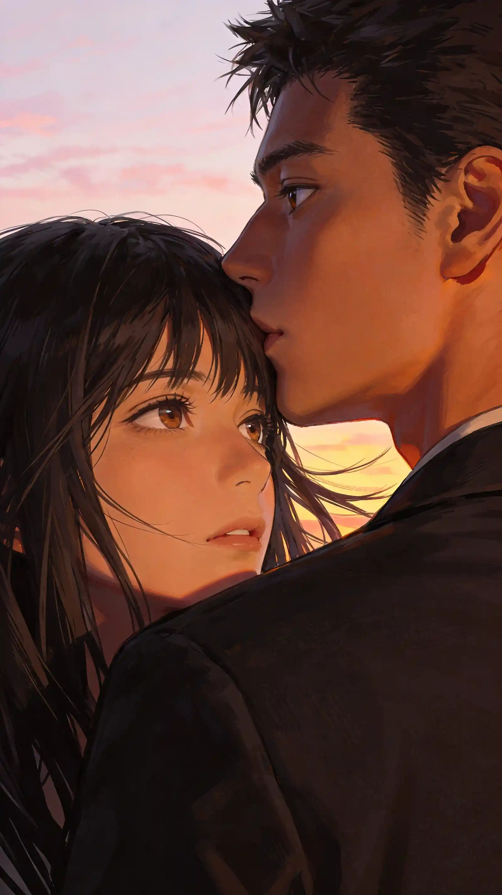 A young couple shares an intimate moment beneath a pastel sunset sky