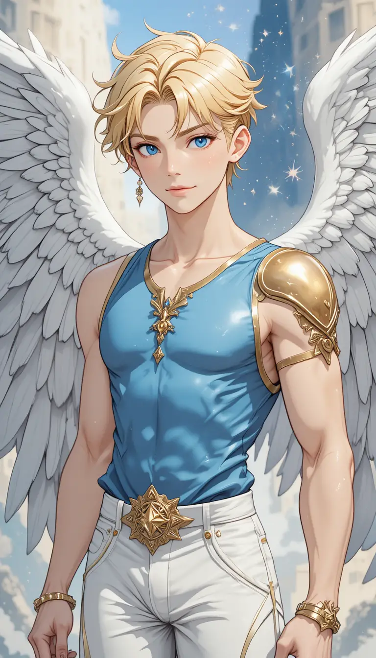 A young angelic warrior in white and gold armor with sky blue eyes