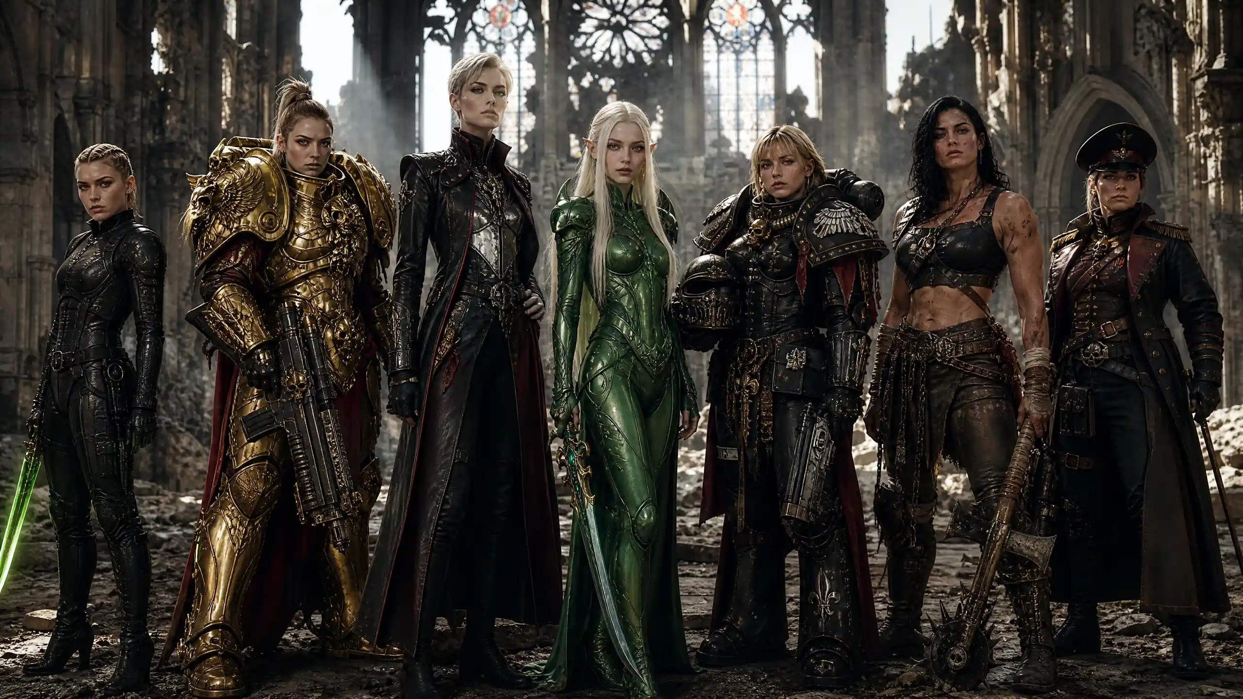Seven women warriors stand ready inside a ruined gothic cathedral
