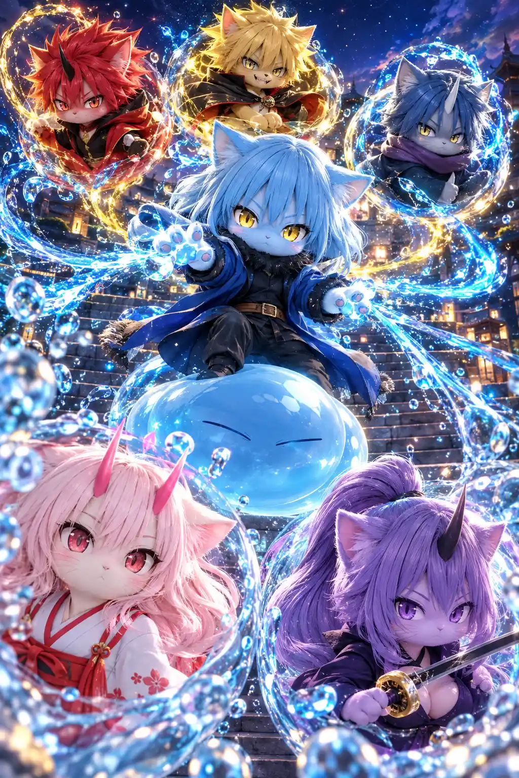 Chibi anime cats in a layered magical action scene