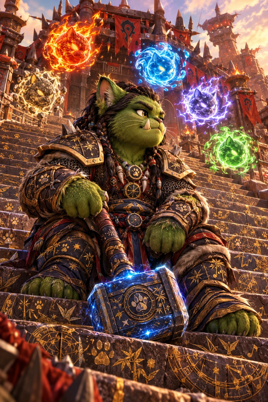 Orgrimmar's grand stone stairway framed by red iron orcish fortresses