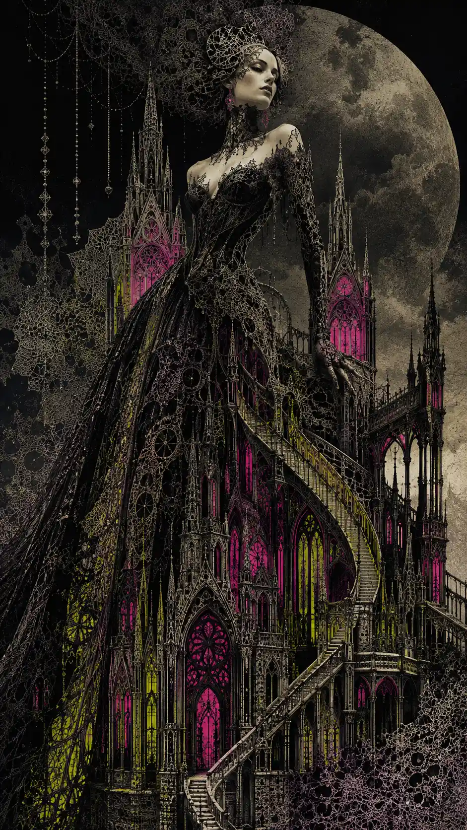 A gothic woman wearing a fantastical cathedral shaped couture gown