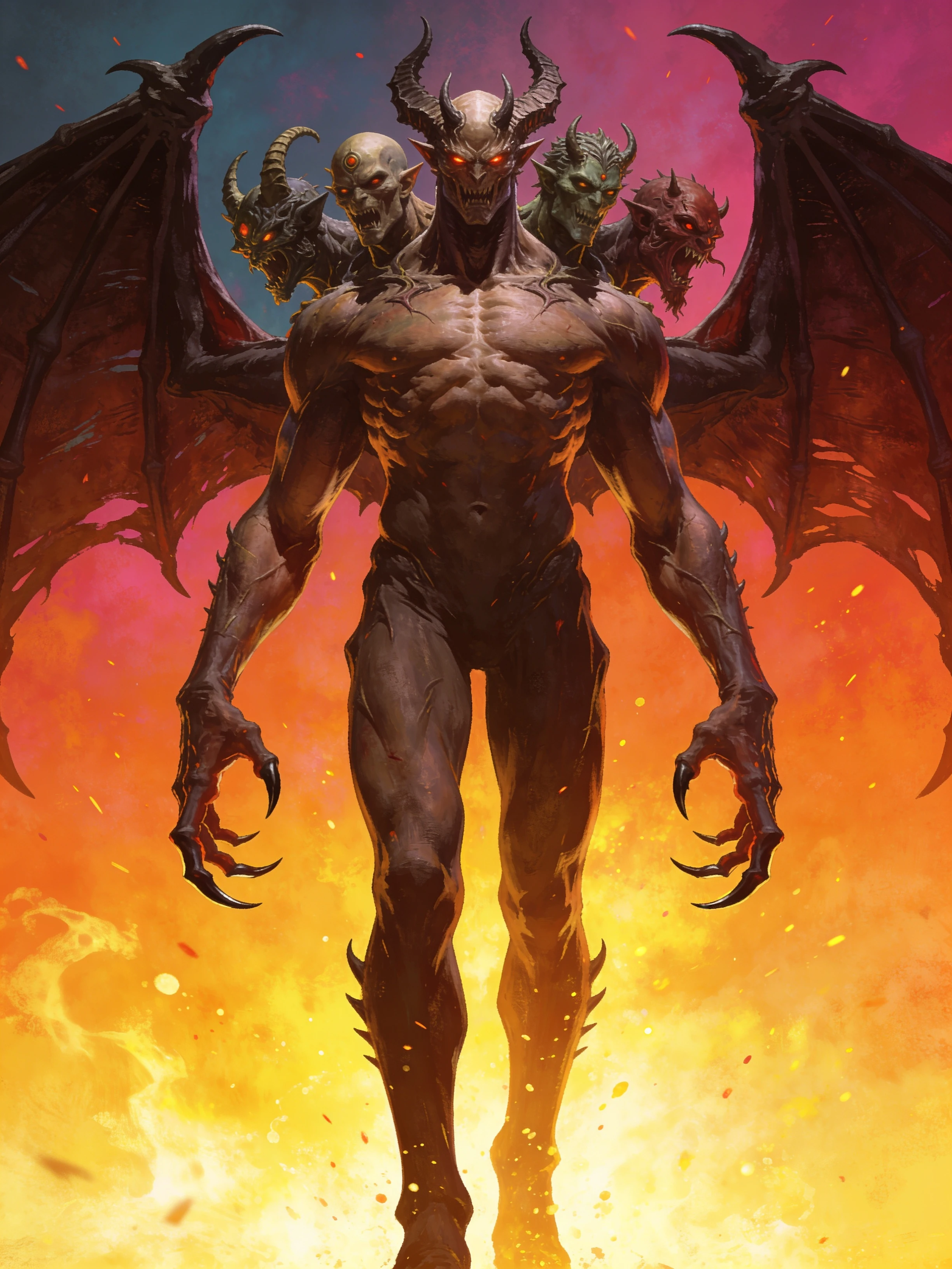 A multiheaded demon stands with clawed hands and leathery wings