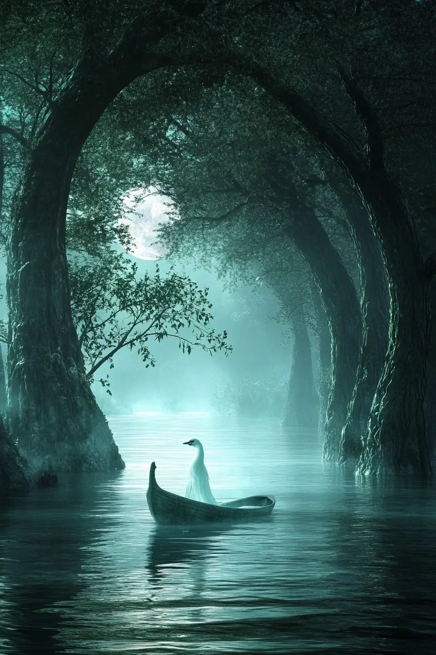 A boat rests motionless on the water’s surface