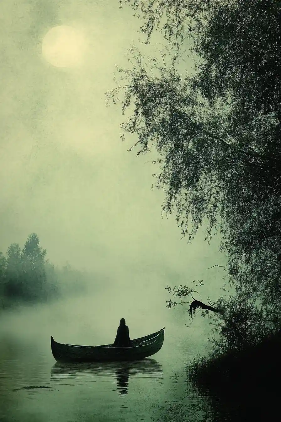 A motionless boat rests on the water in a surreal scene