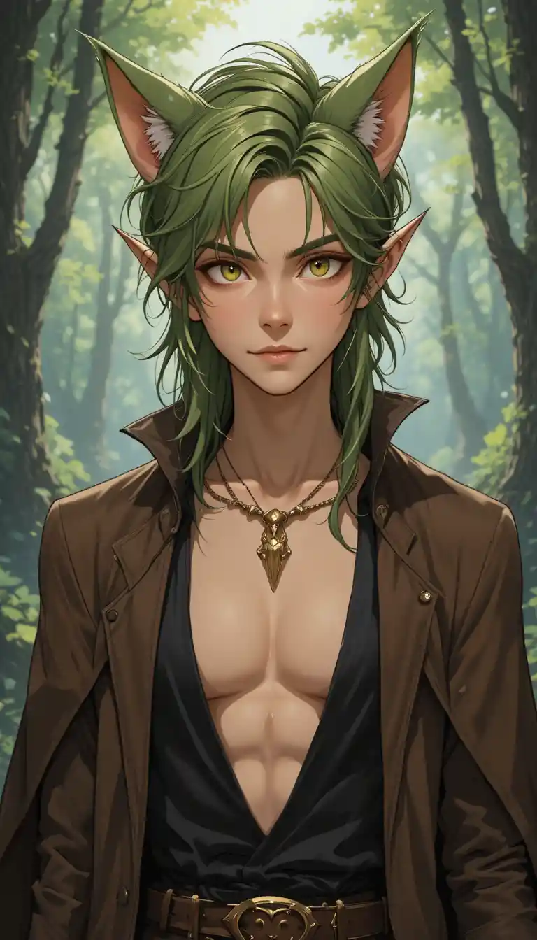 Anime fantasy man with hazel cat ears and forest green hair