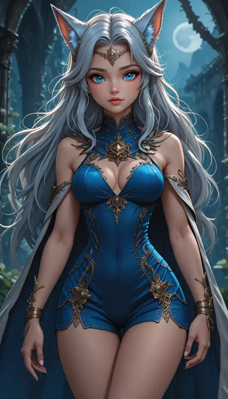 Anime woman with wolf ears, ash gray hair, and a midnight blue dress