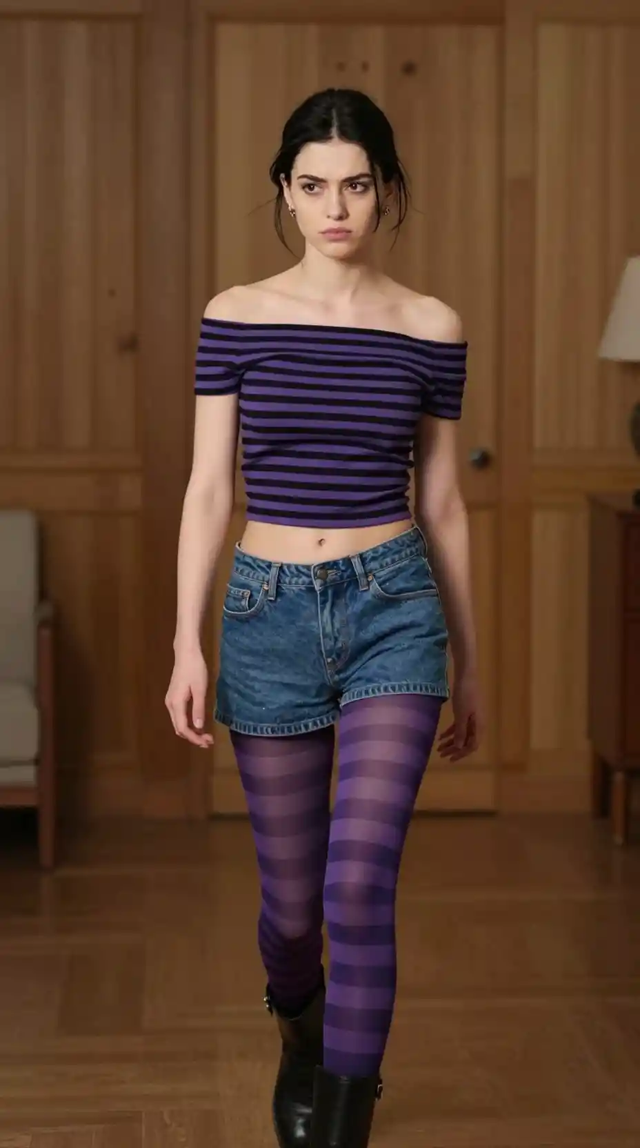 A skeptical woman walks toward the camera in a wood-paneled room