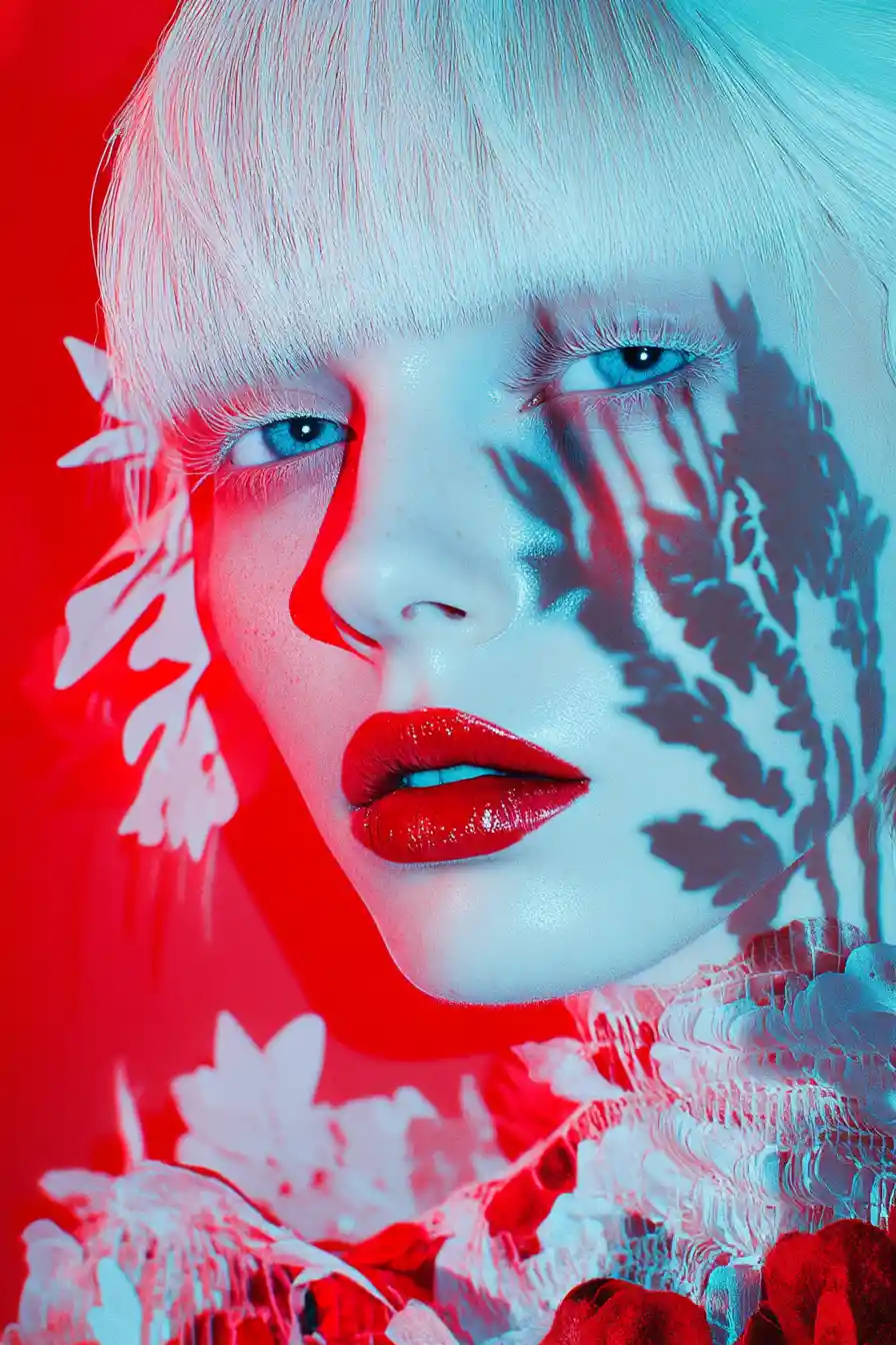 An albino woman poses in a dress of op art papercut florals