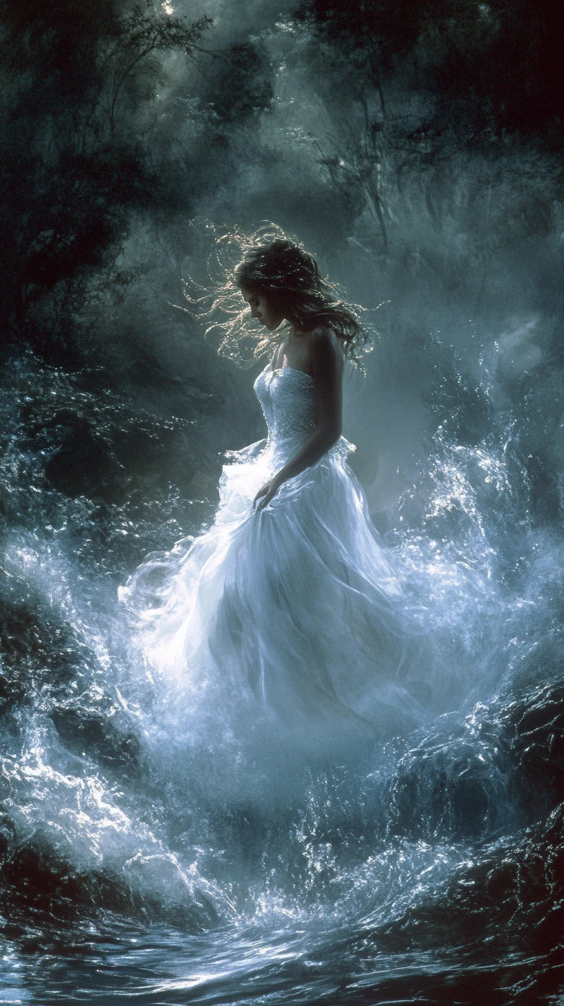 A tanned woman emerges from a misty dark river in a white dress