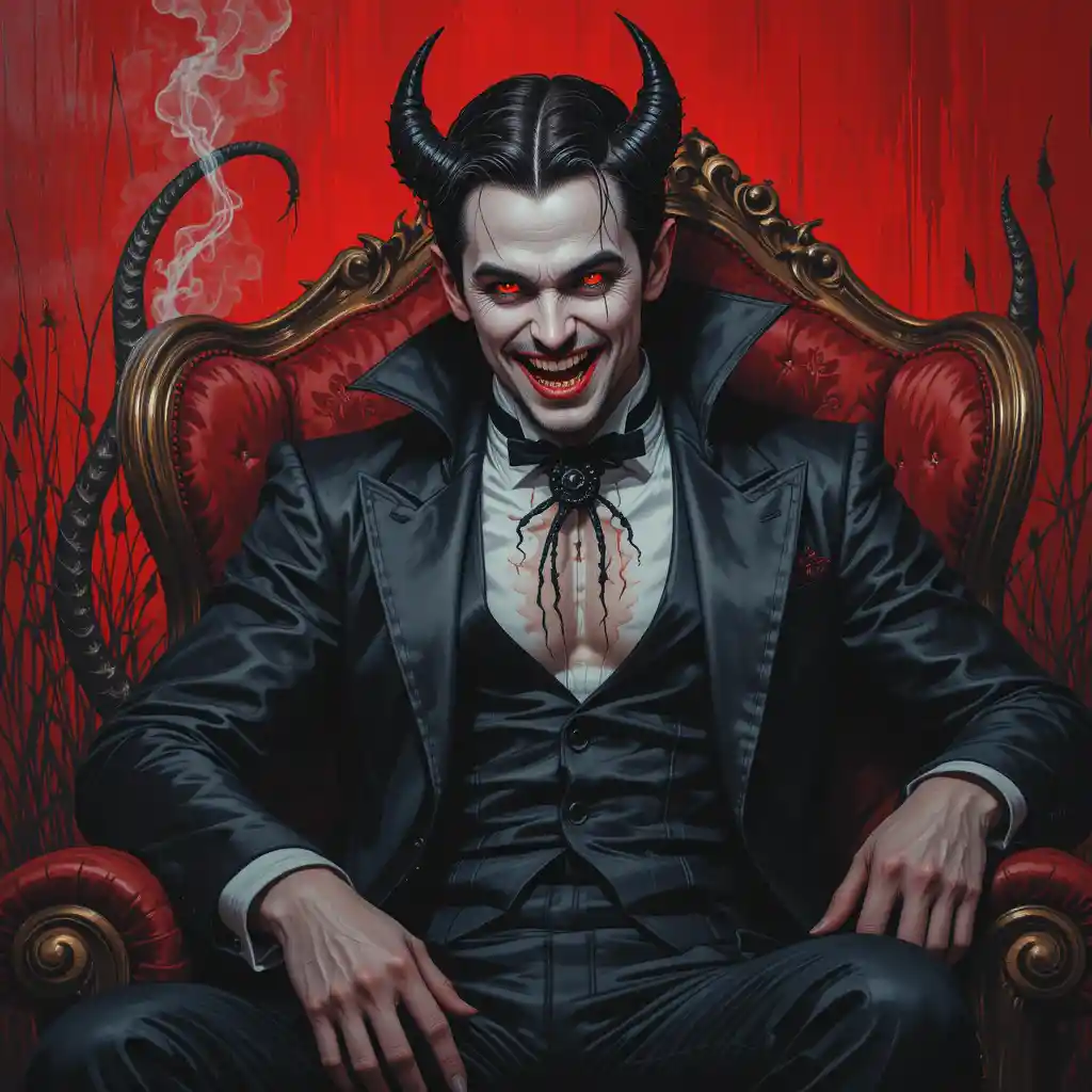A Vampire Man Sits in a Hellish Armchair Before a Red Meadow