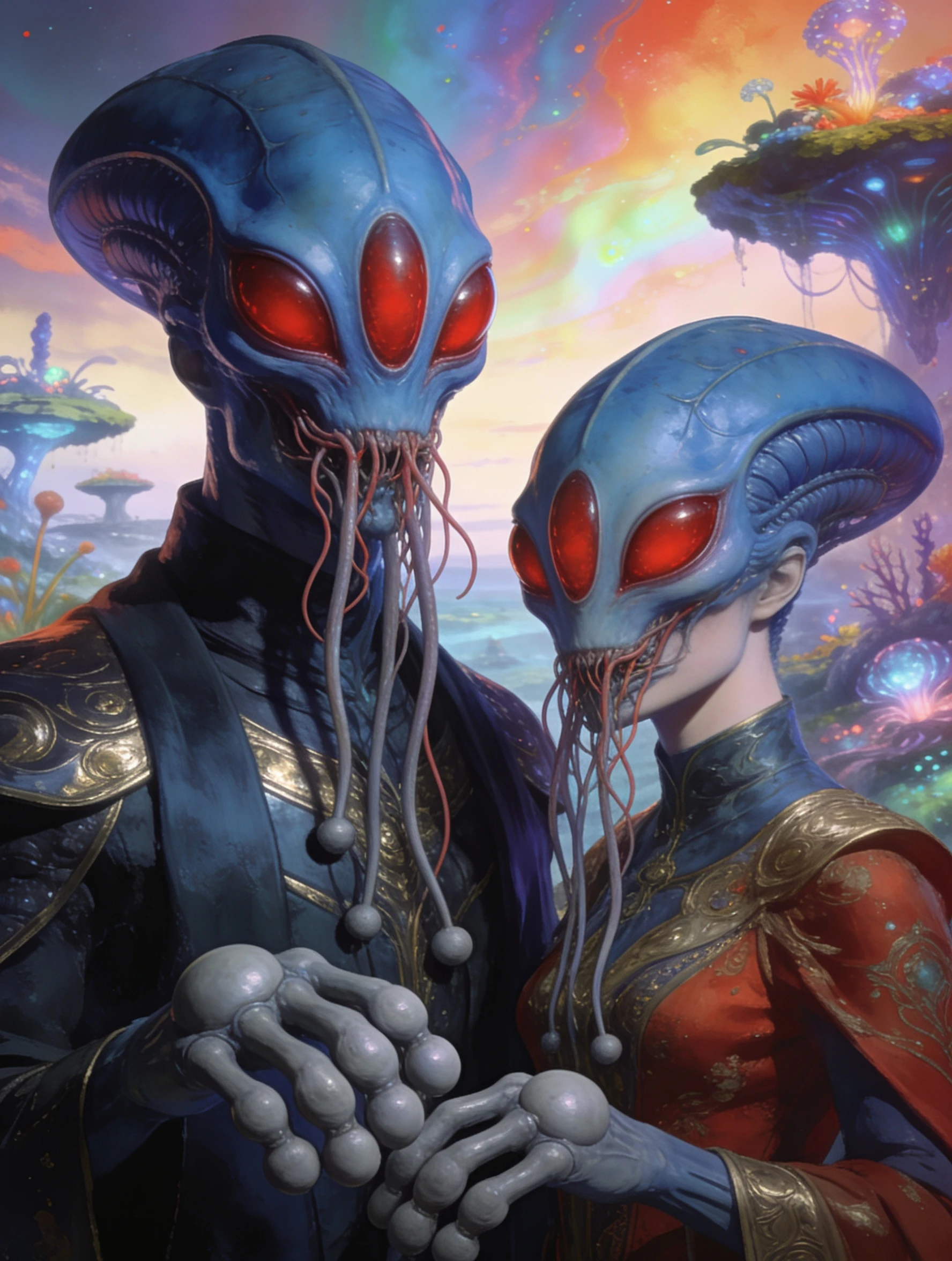 Two aliens with trilobed heads and reddish eyes in a head-and-shoulders portrait