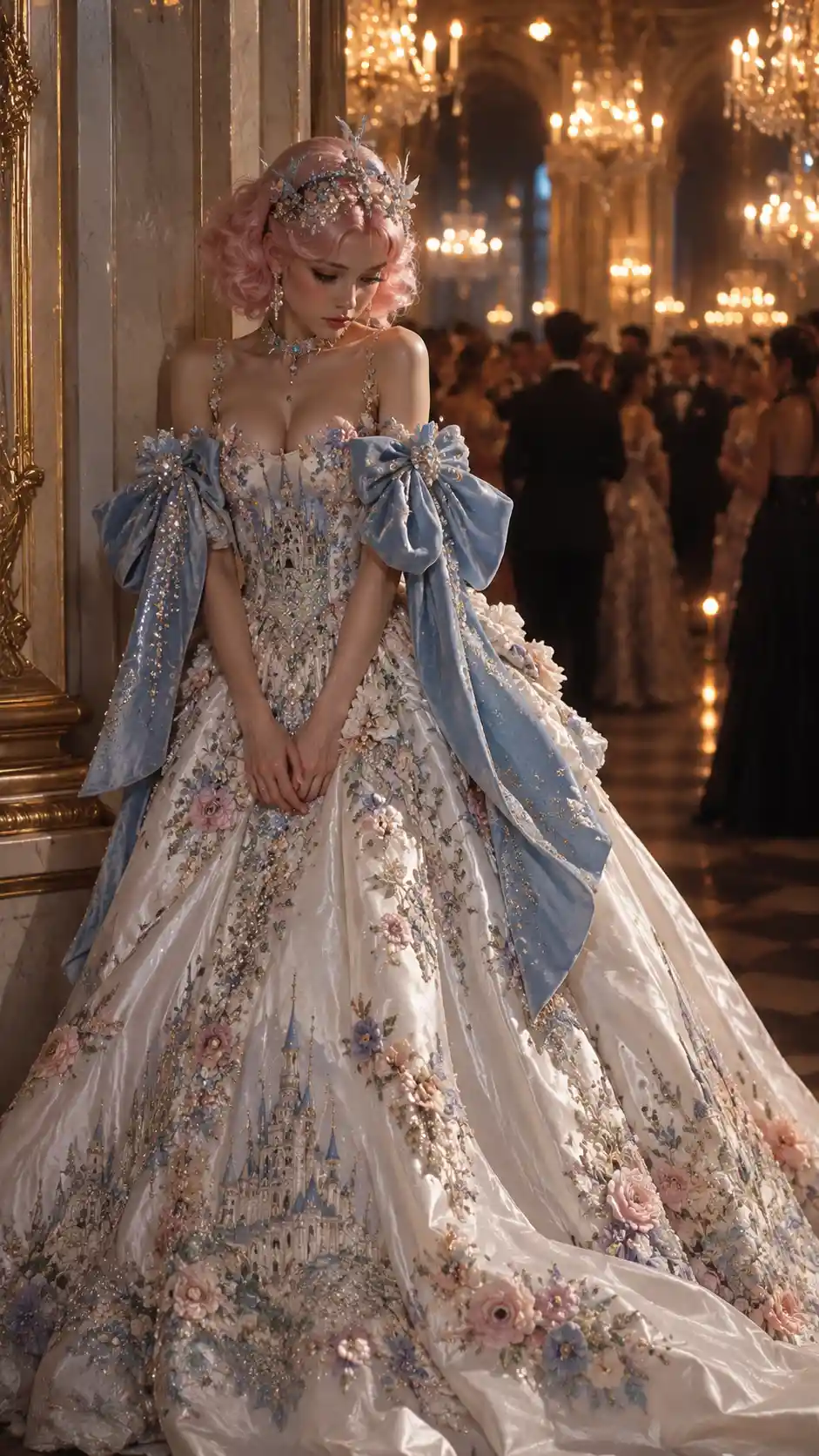 A fashion model stands alone in an embroidered white ballgown