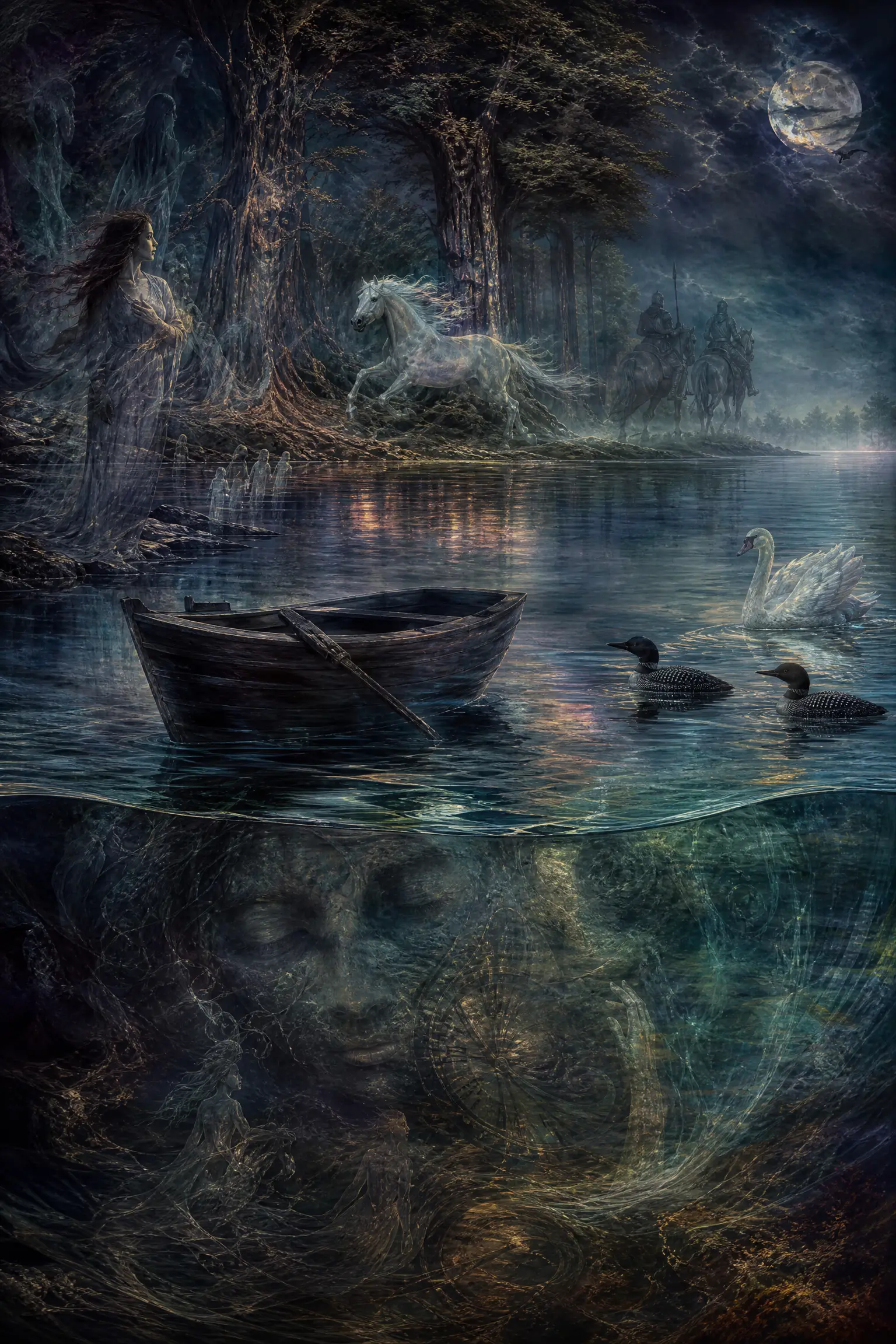 A motionless boat rests on the water in a surreal, translucent vision