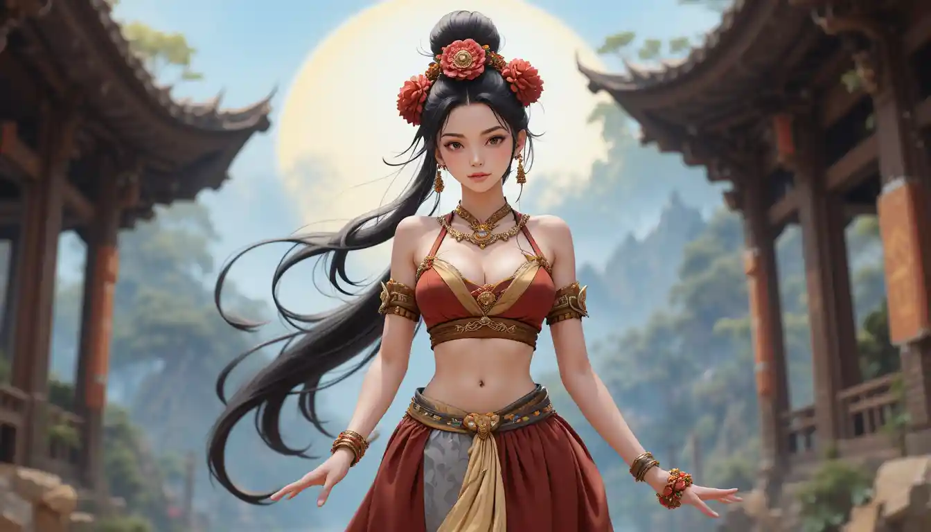 An Anime Woman With Panda Ears Wearing Traditional Red And Cream Attire