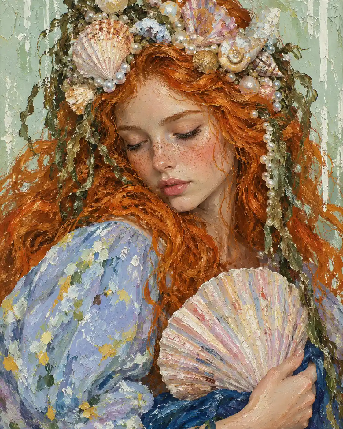 A Freckled Woman With Closed Eyes And Sculpted Seashell Hair Adornment