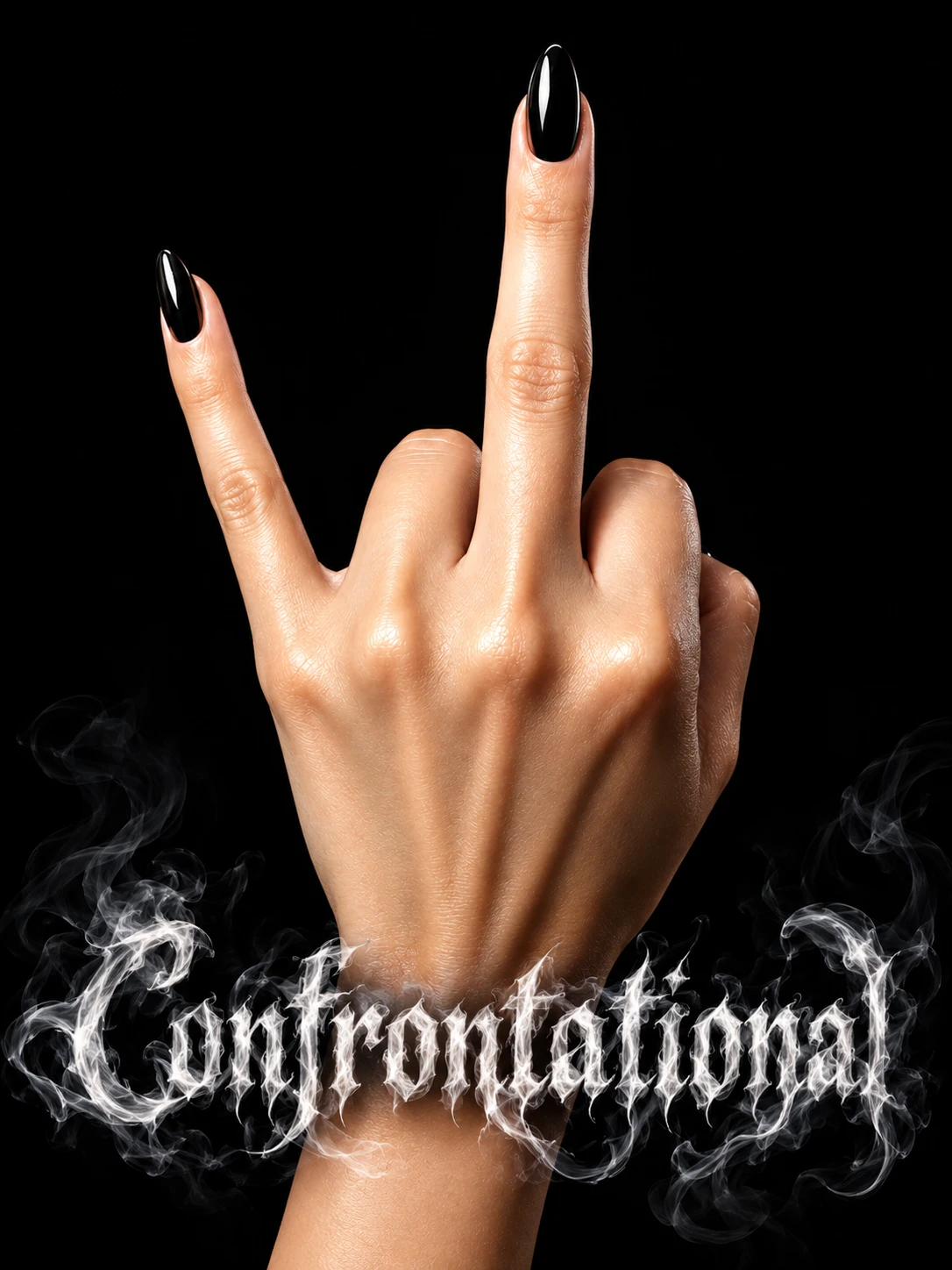 A glamorous hand with brightened skin and smoky lettering