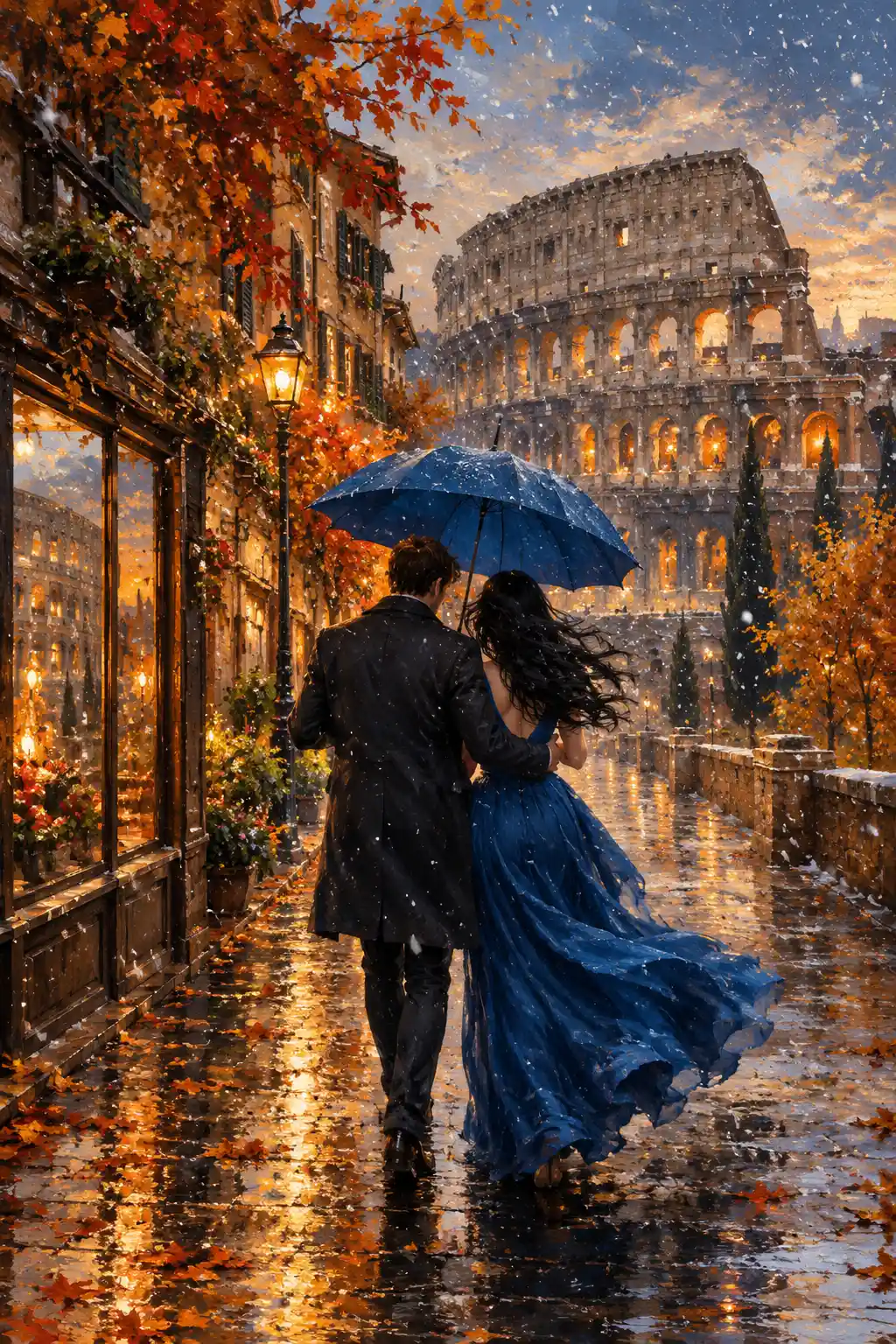 A couple strolls toward the Colosseum beneath a blue umbrella