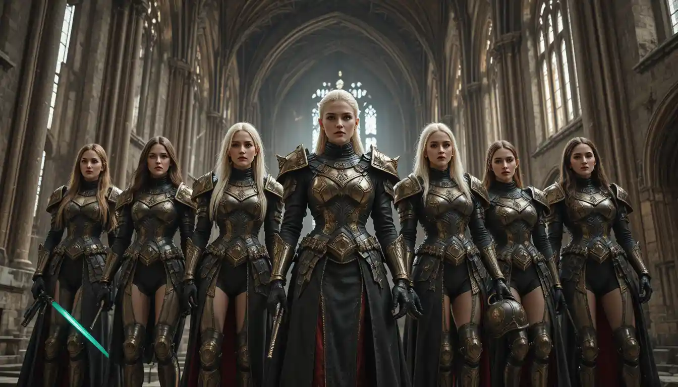 Seven women warriors in a ruined gothic cathedral