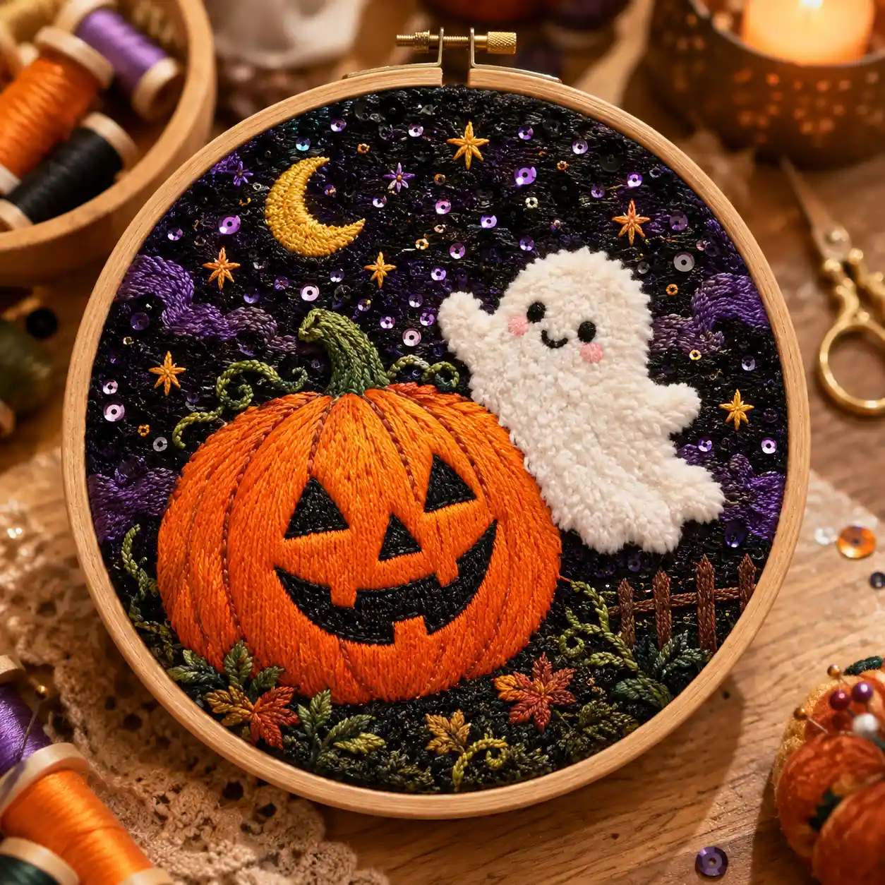 An embroidered jack-o'-lantern glows beneath a starry Halloween sky