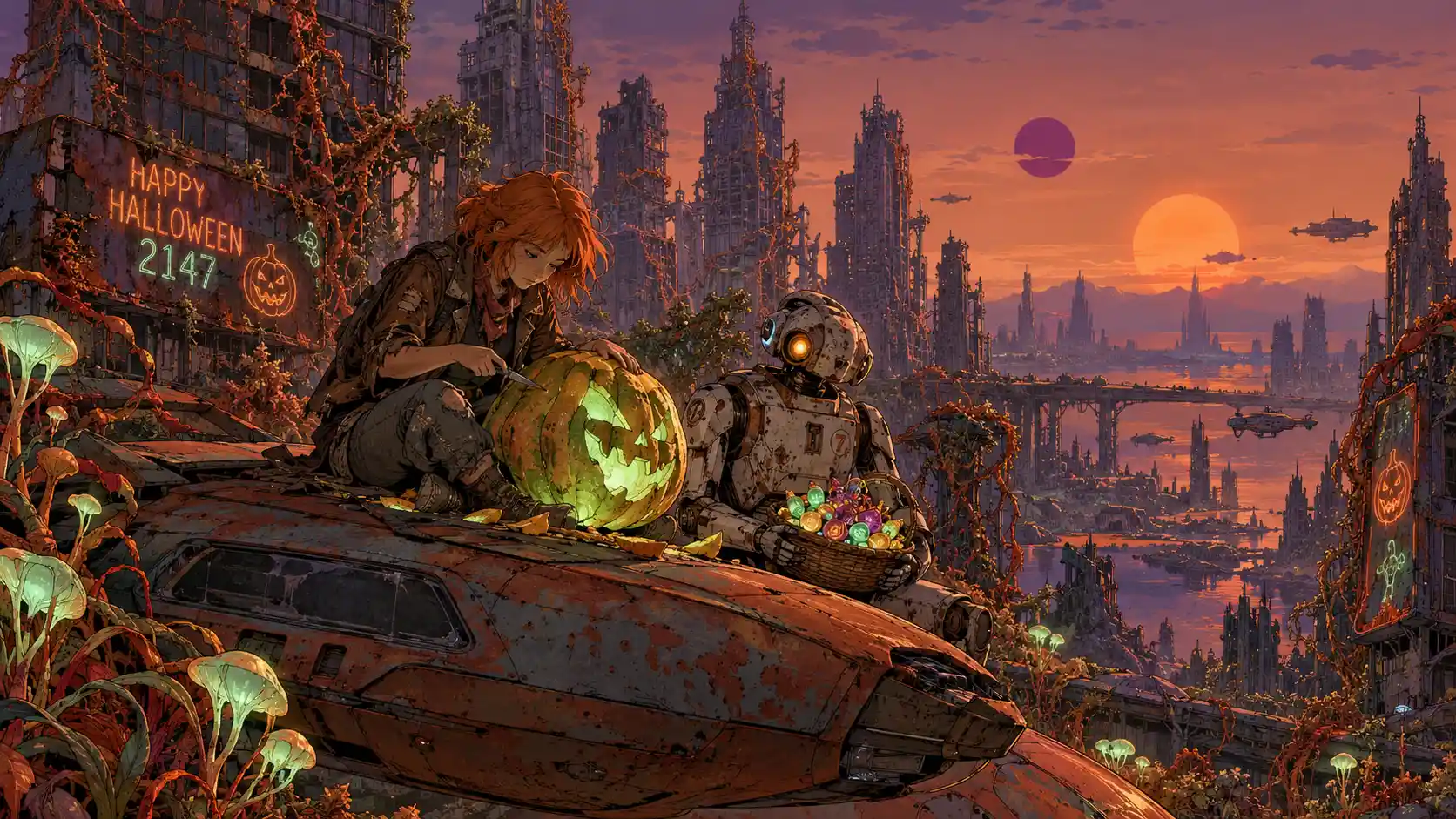 A scavenger girl carves a glowing jack-o'-lantern atop a hovercar in a ruined city