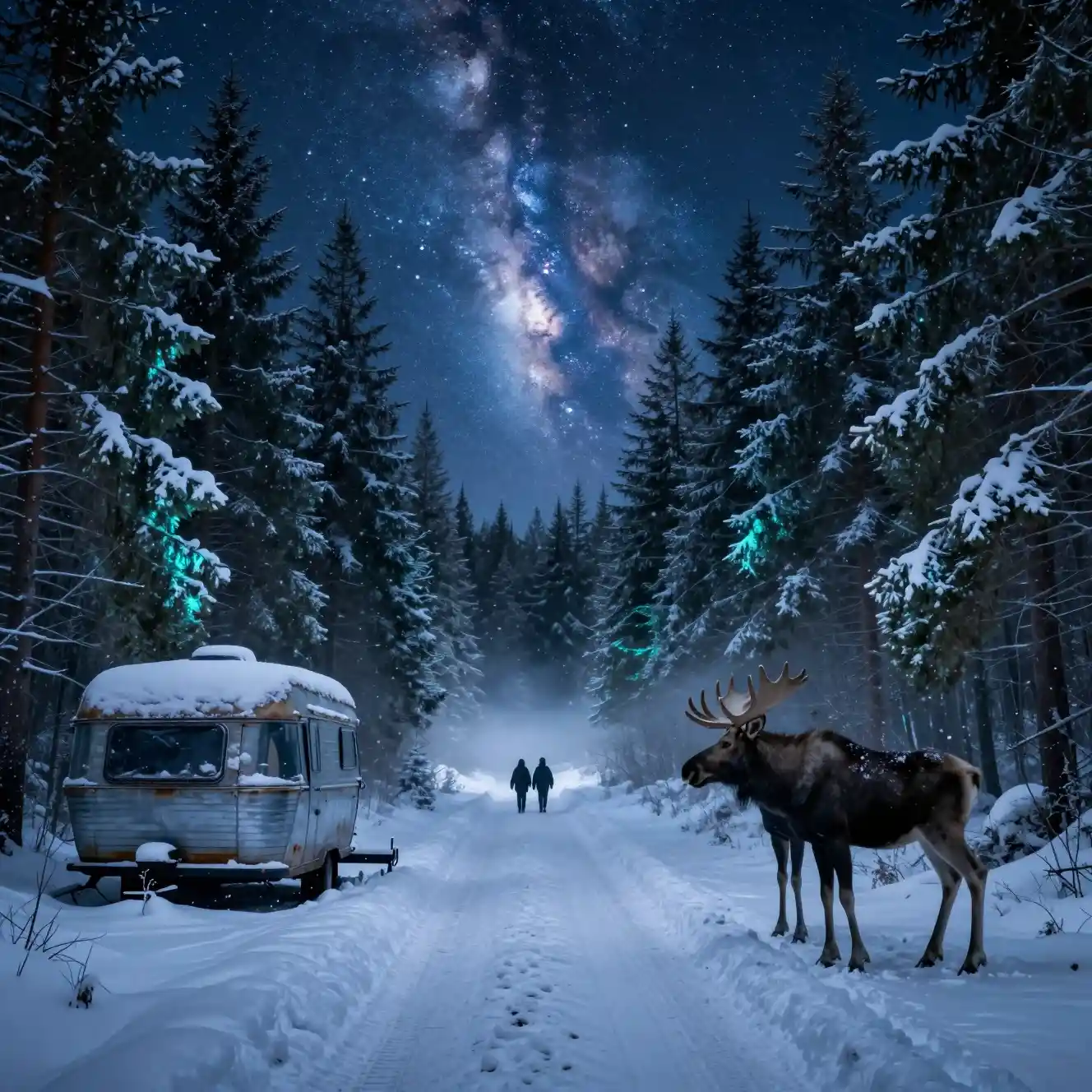 Snowy Forest Road Beneath a Brilliant Starry Night Sky