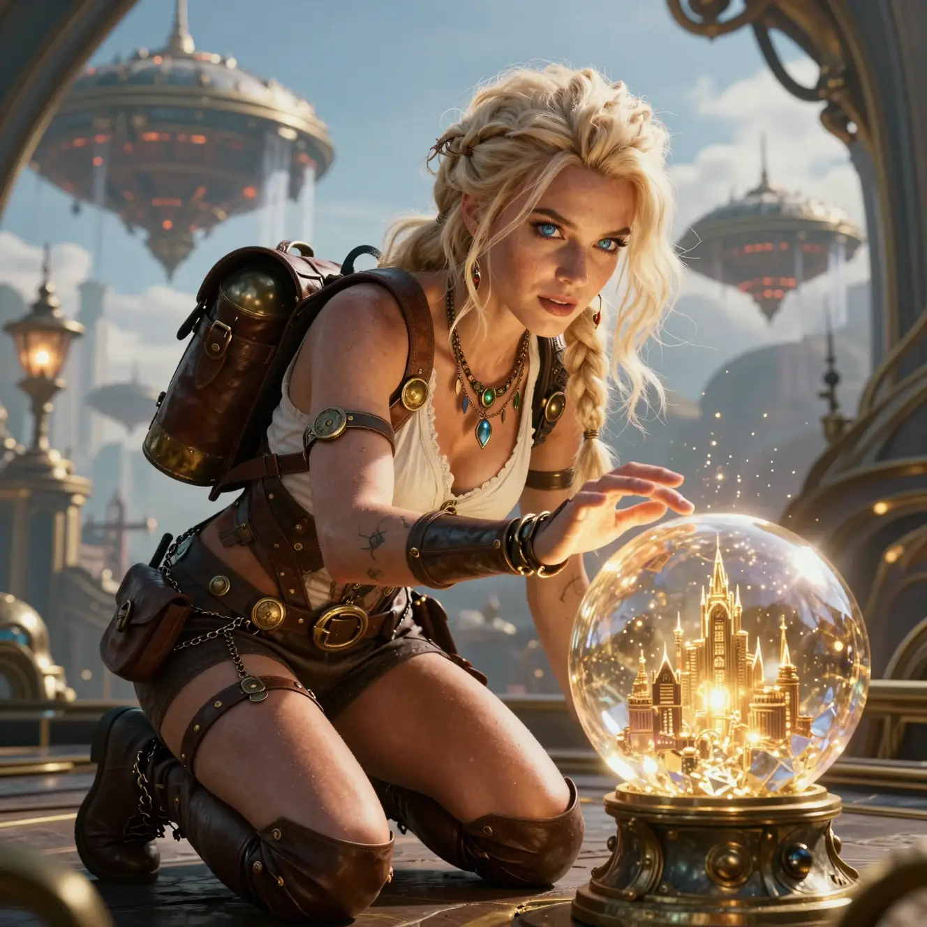 Une femme steampunk tend la main vers un orbe de cristal lumineux