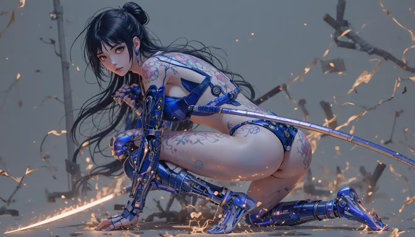 A mecha girl crouches with a katana and glowing tattoos
