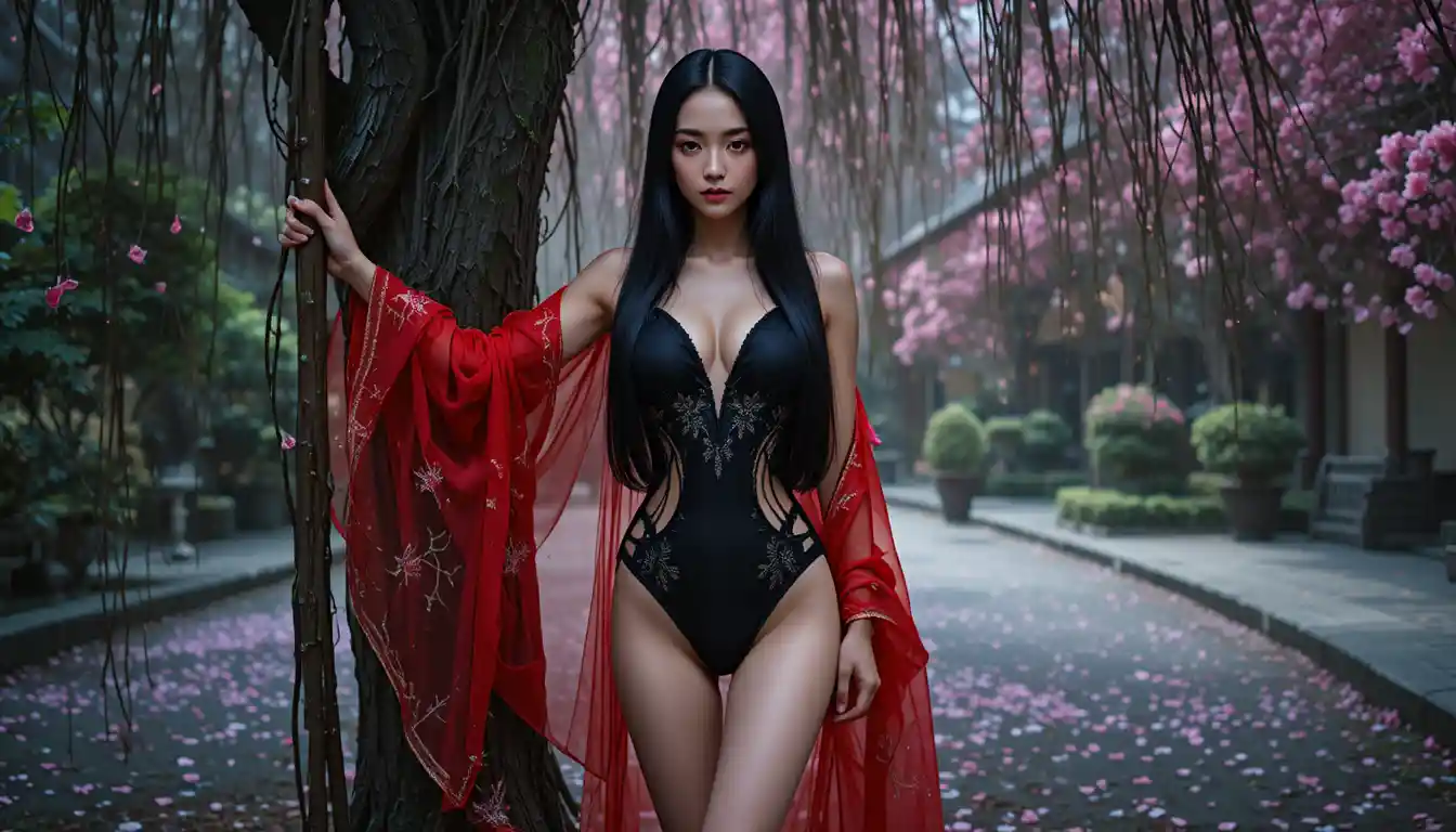 庭の柳のそばで黒いボディスーツを着てポーズをとるベトナム人女性