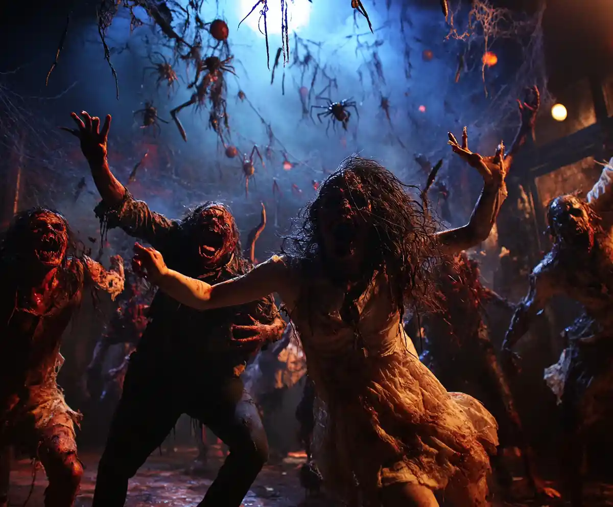 Undead dancers gather amid crawling insects at a shadowy ball