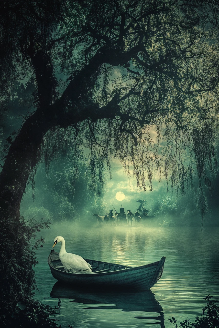 A Motionless Boat Rests on Bright, Shadowed Water in a Surreal Scene