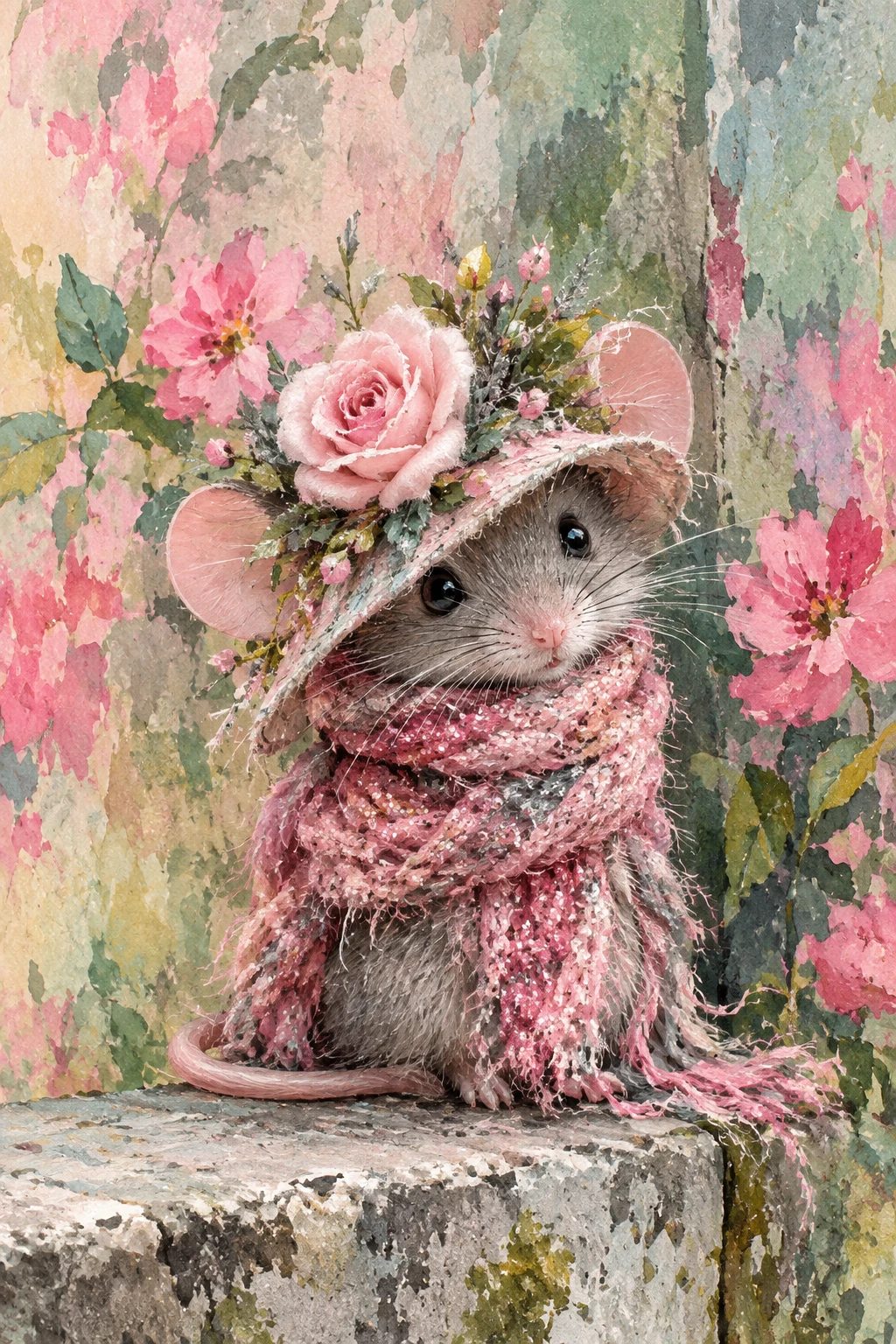 Eine winzige Maus mit einem Rosenhut vor einer blumengeschmückten Wand