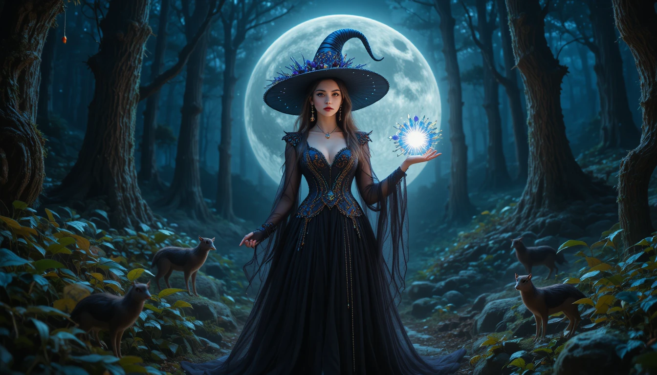 魔女在魔法森林的滿月下手持發光寶珠