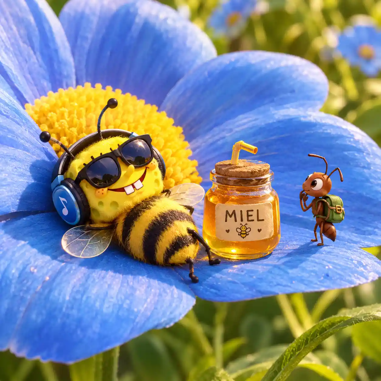 A tiny bee with a SpongeBob face sunbathes on a blue flower
