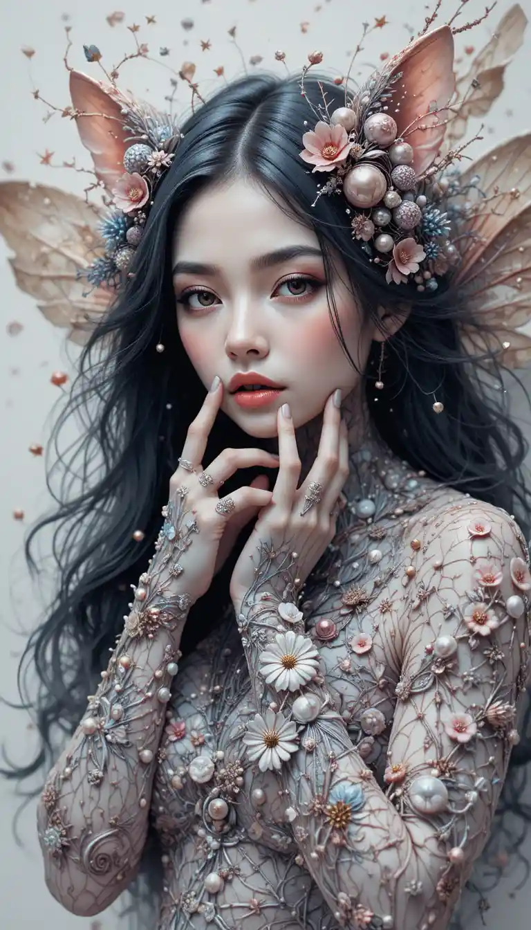Pretty Fairies Framed by Pearls and Stars in a Storybook Portrait