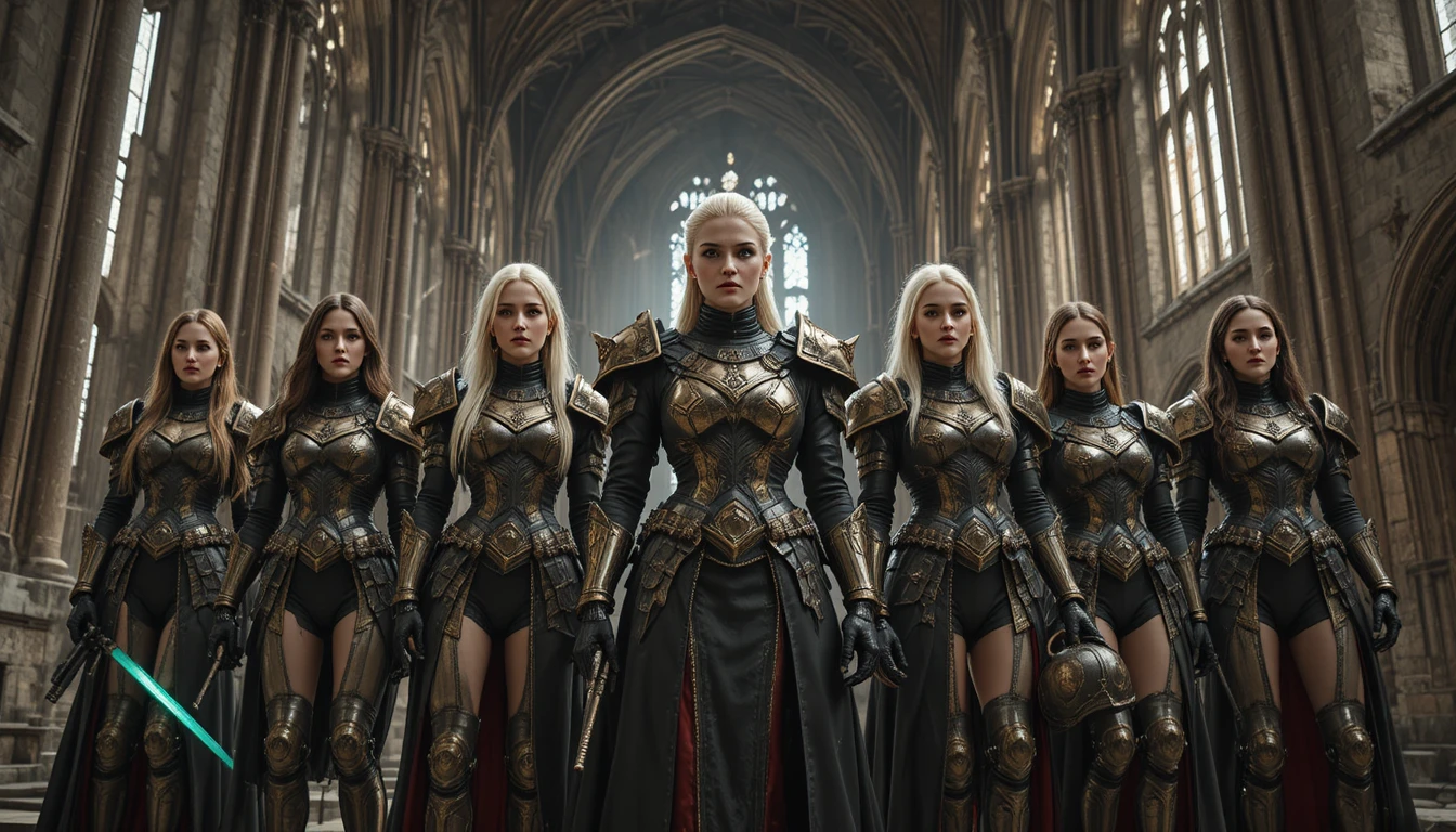 Seven women warriors in a ruined gothic cathedral