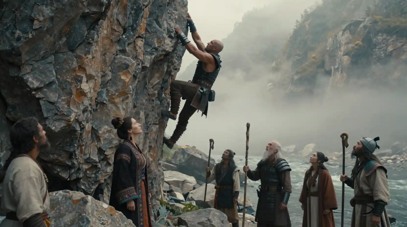 A bald warrior climbs a sheer rock face above a misty river valley