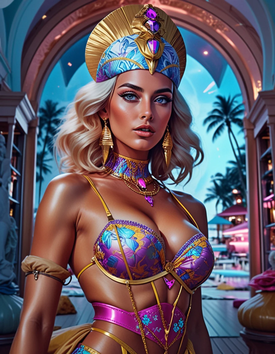 A Blonde Egyptian Queen Against Neon Synthwave Horizons