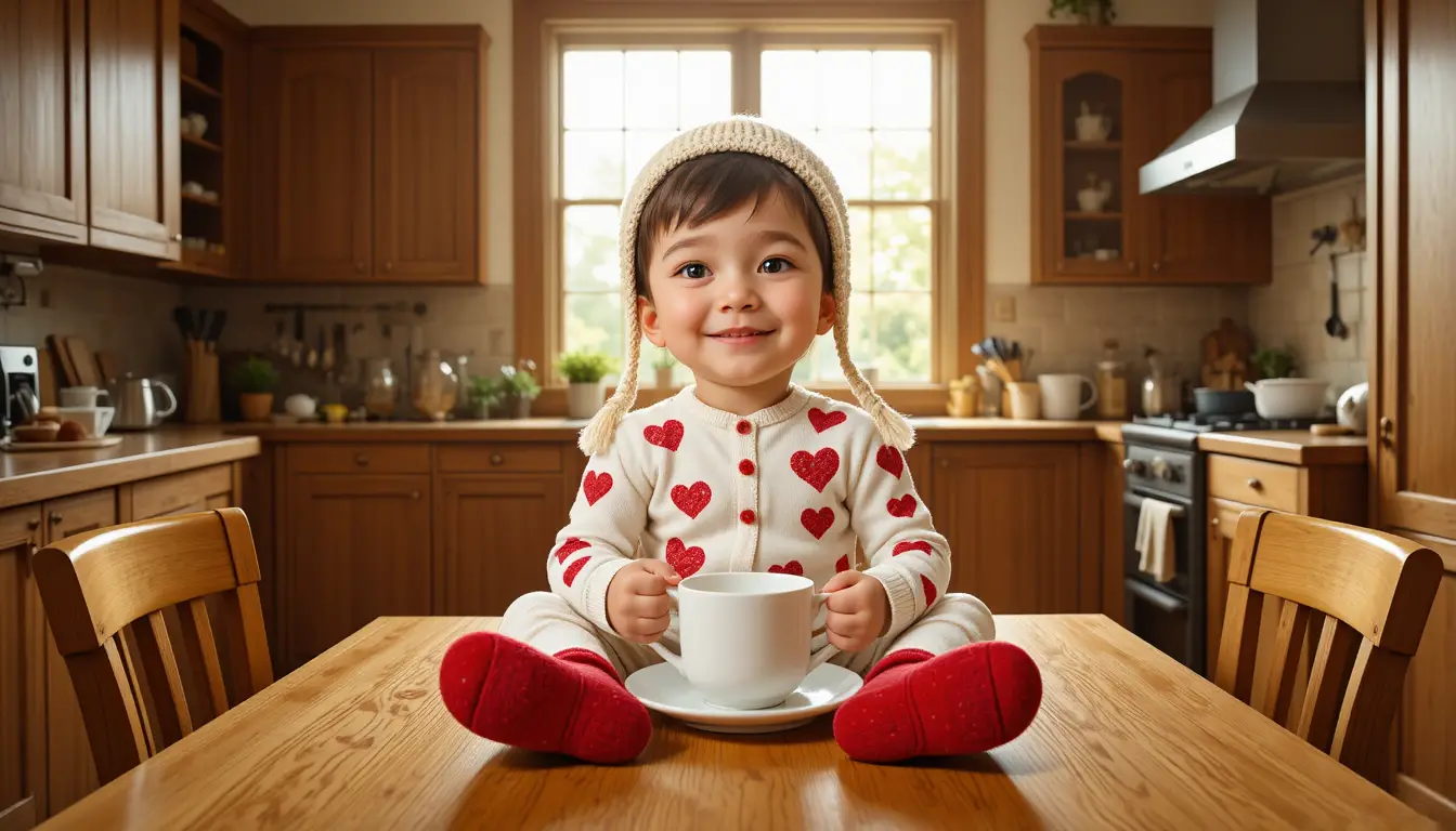 Ein lockiges Kind lächelt mit einer Tasse in der Hand in einer gemütlichen Küche