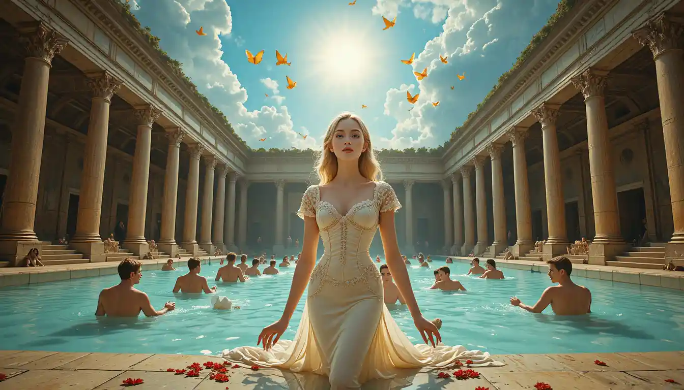 A young woman presents a glowing book in an open-air Roman bath